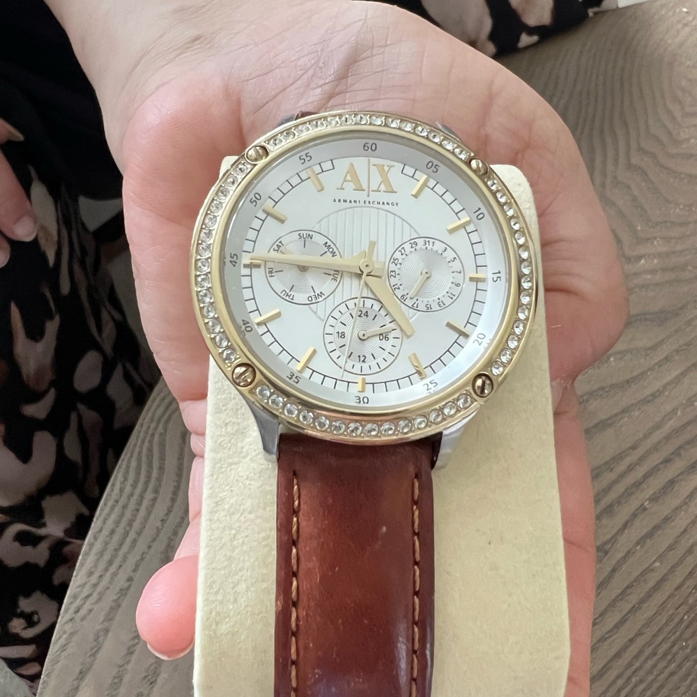 AX Brown Leather Strap Watch with Crystal Accents